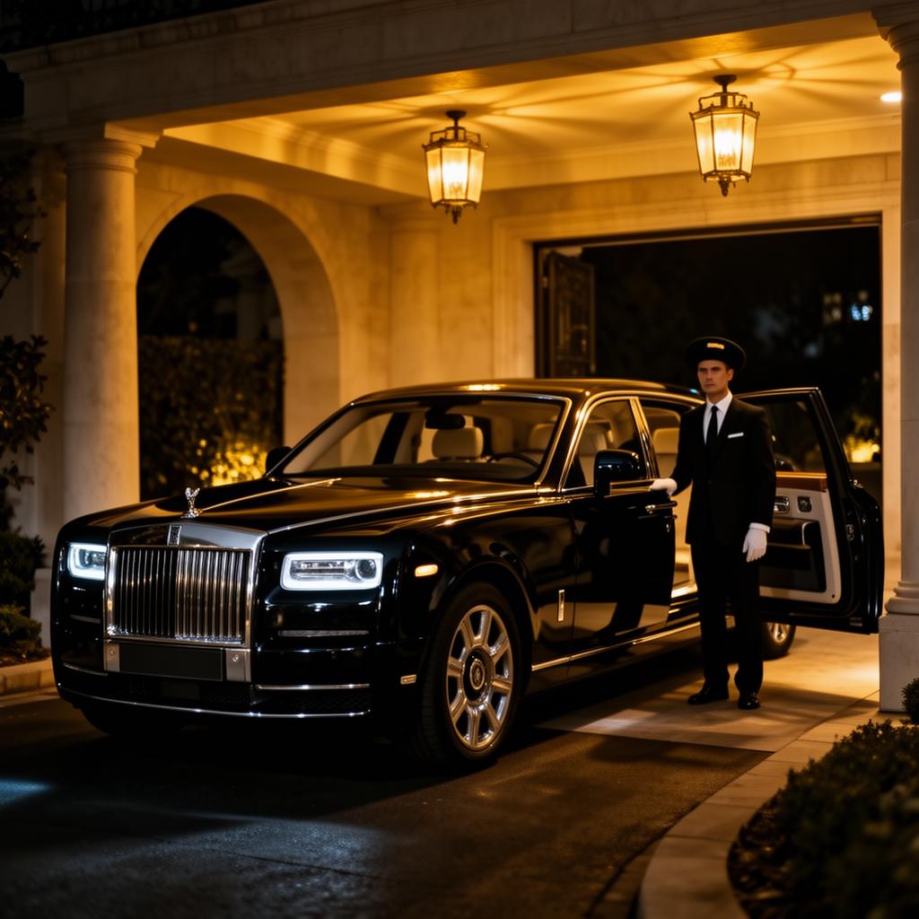 Black luxury sedan on the Las Vegas Strip at night